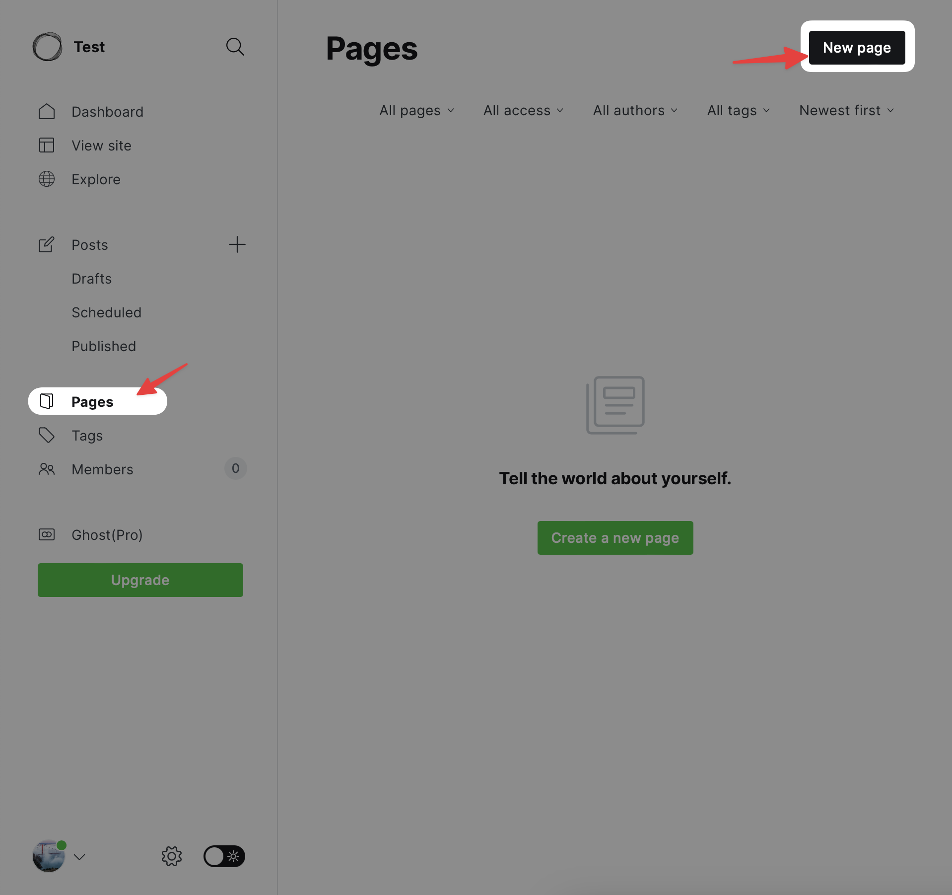 Create a new page in the Ghost interface